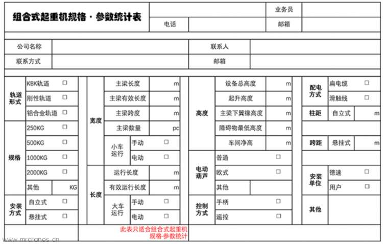 双梁KBK轻载起重系统 订购参数表格