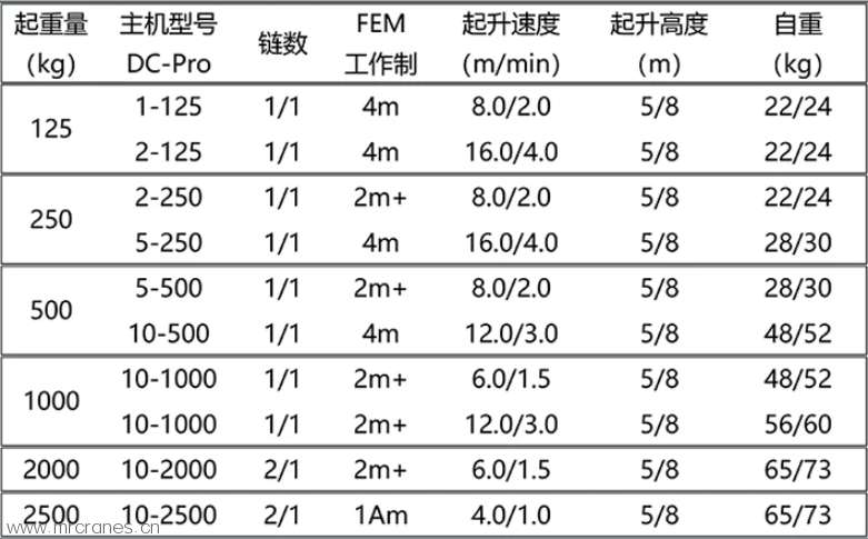 DC-PRO型德马格环链电动葫芦参数表